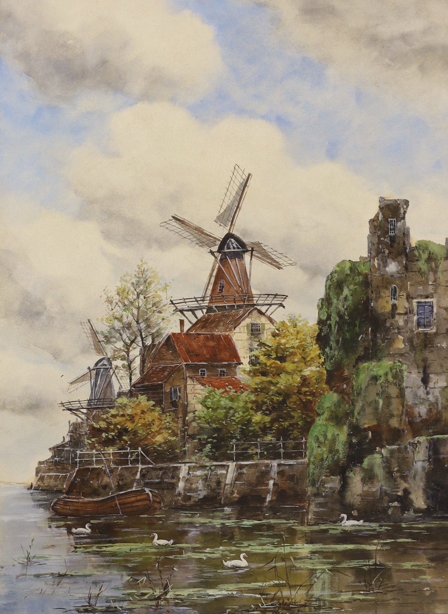 Jan Van Couver (1836-1909), oil on board, topographical view of Dutch canal town, signed, 53 x 38cm, together with a Johannes Hermanus Koekkoek (1778-1851), oil on board, Windmill by a canal, both 53 x 38cm
